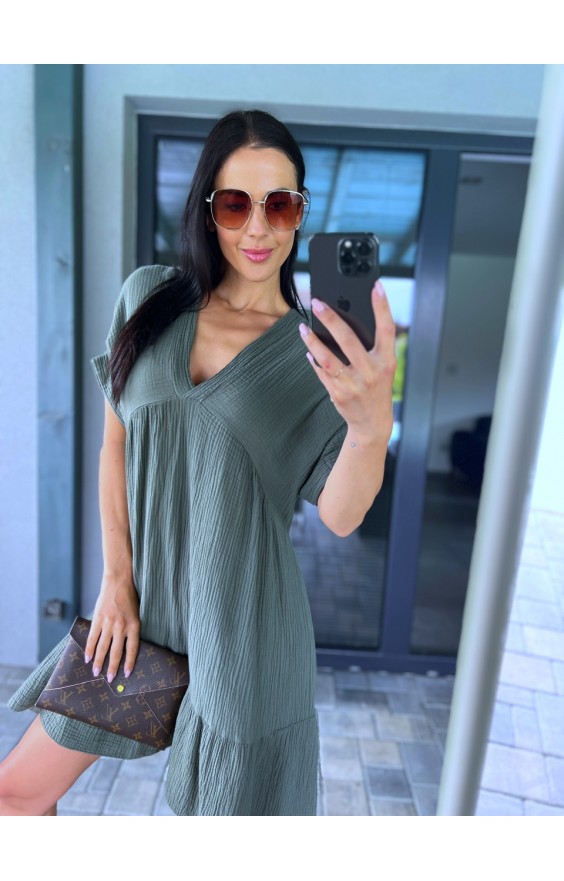 Khaki mačkané šaty S/M