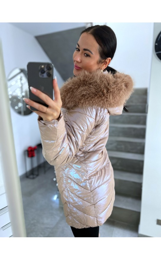 Luxusní bunda nude-duhová s kožíškem uvnitř vel S M L 