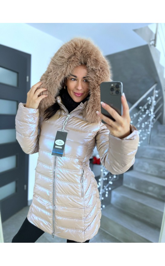 Luxusní bunda nude-duhová s kožíškem uvnitř vel S M L 