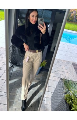 Světle krémové kalhoty kožené  s páskem