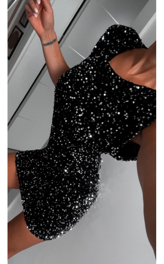 Černé flitrové šaty s výstuží na rameni S/M