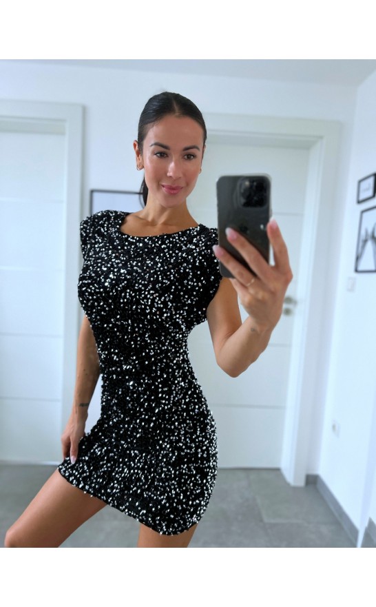 Černé flitrové šaty s výstuží na rameni S/M