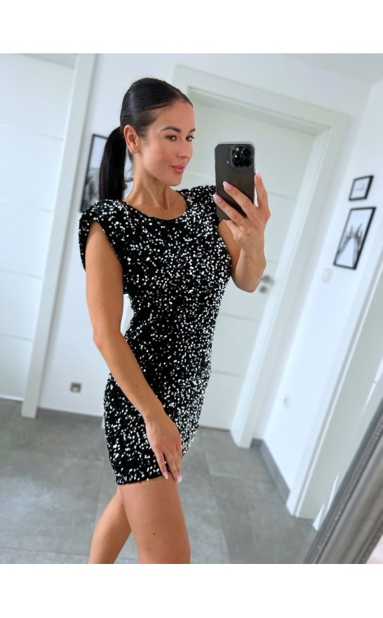 Černé flitrové šaty s výstuží na rameni S/M