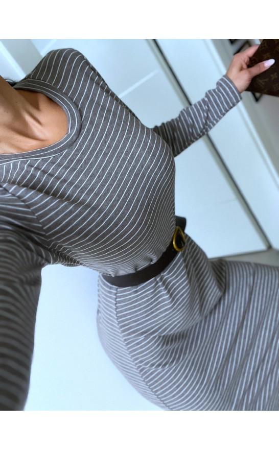 Šedé pruhované šaty + pásek 