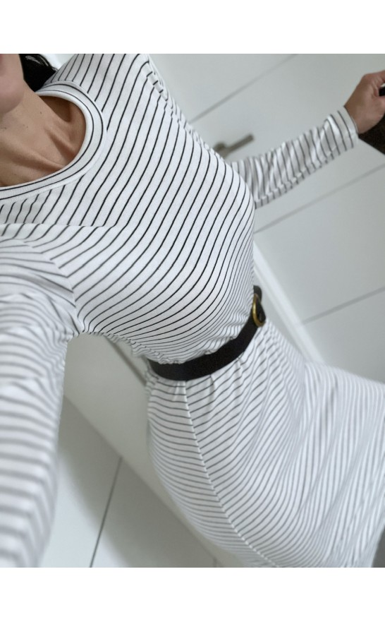 Krémovo-bílé pruhované šaty + pásek 